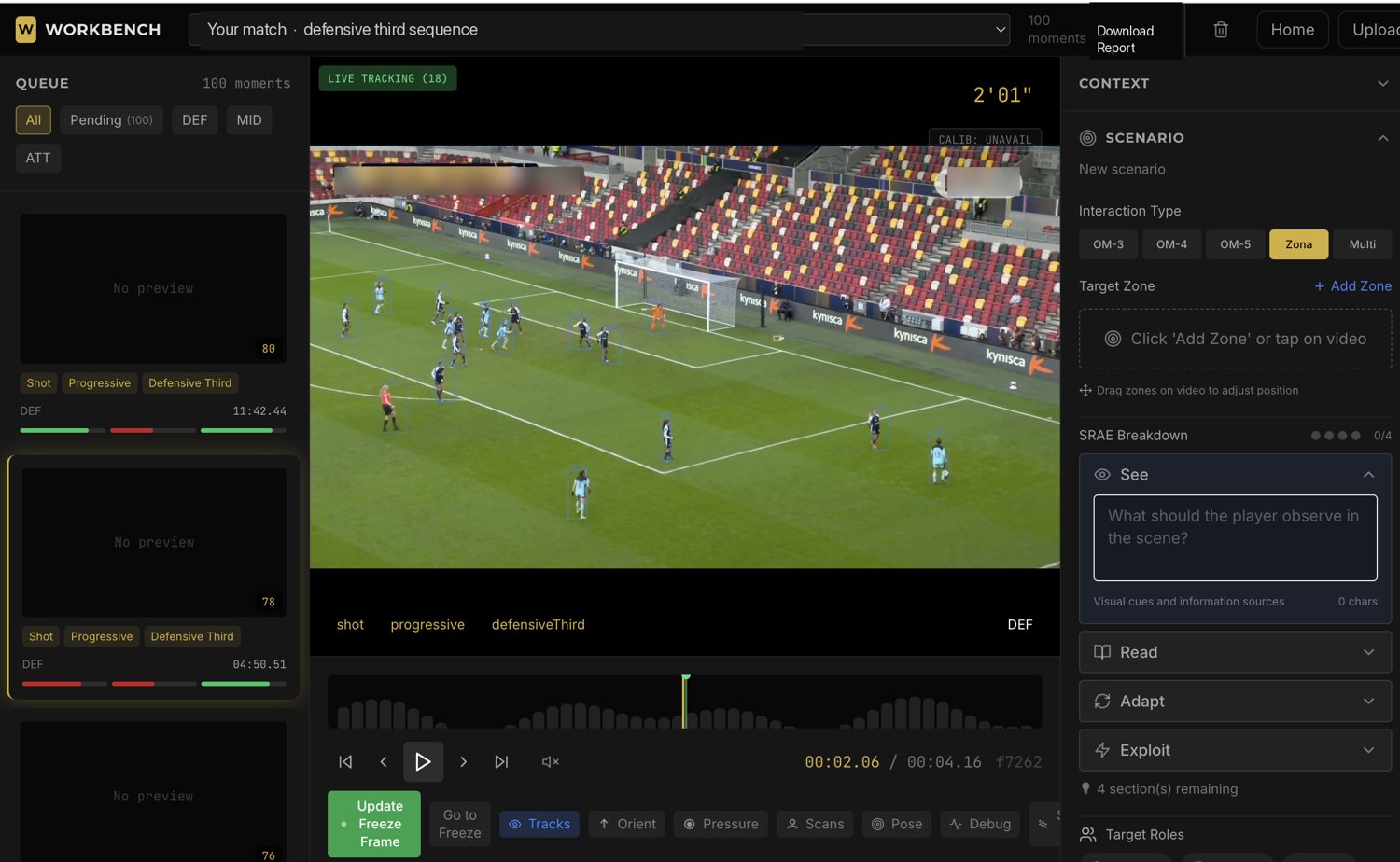 The WeaselsFC film workbench: tagged moment queue, live player tracking on match video, and the SEE-READ-ADAPT-EXPLOIT breakdown panel.